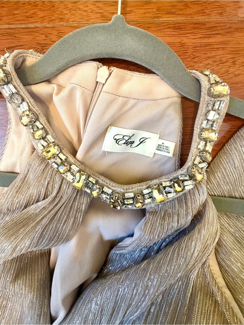Eliza J Shimmery Taupe Cocktail Dress with Jeweled Neckline